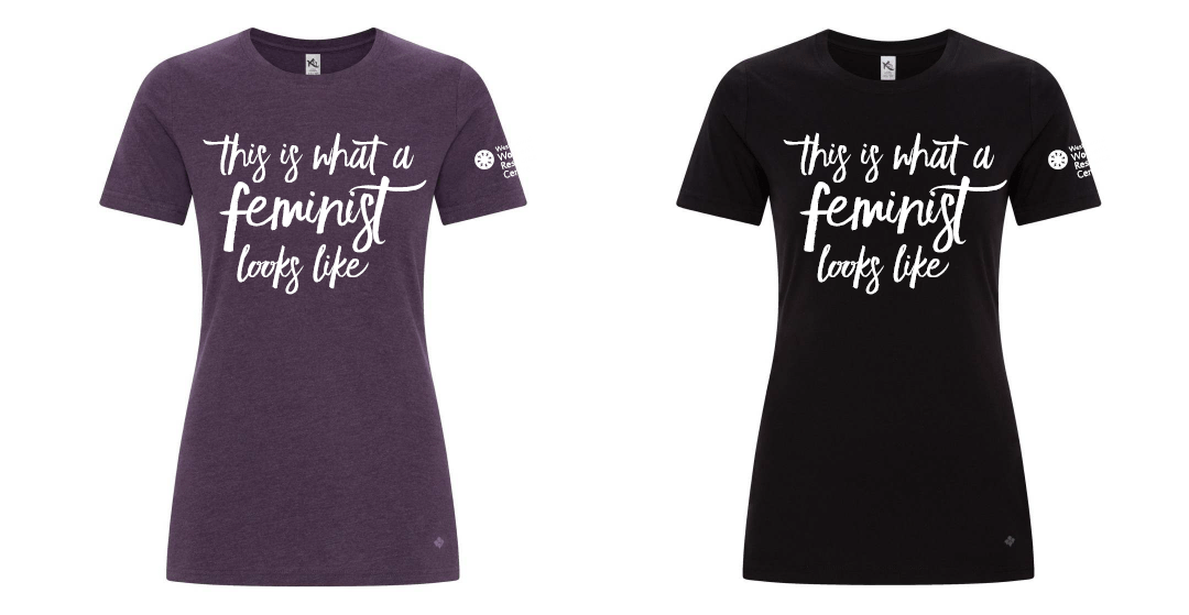 Examples of a purple and white fitted t-shirts that read "This is what a feminist looks like"