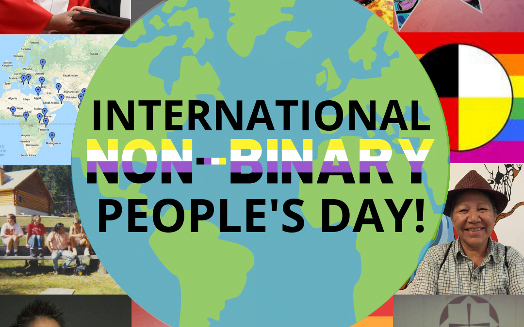 A collage of various images depicting indigenous, non-binary, and LGBT artwork and symbolism, along with images of non-binary people and a map. On top the images is a cartoon globe with the words “International Non-Binary People’s Day!” on top